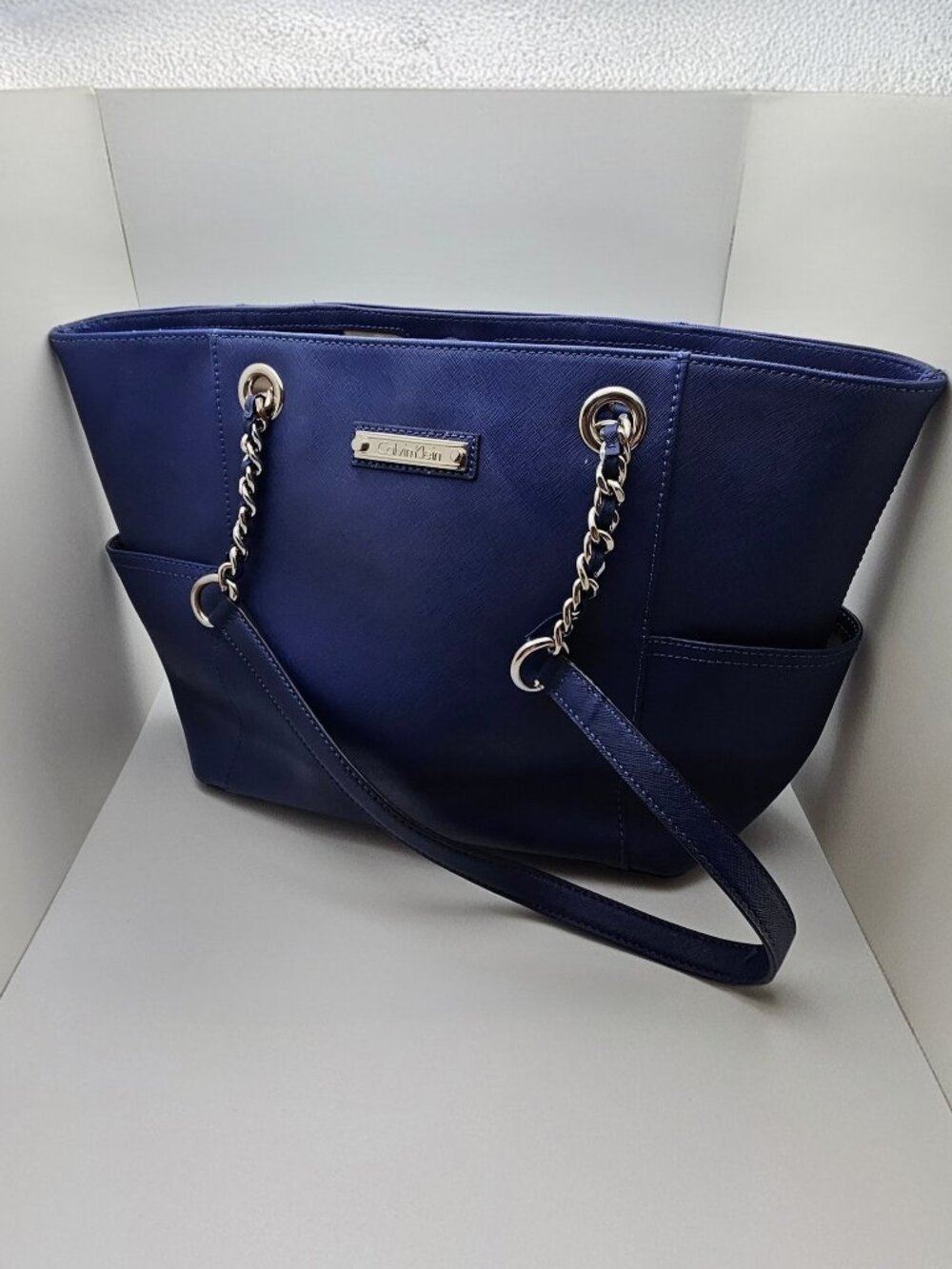 Calvin Klein Saffiano Leather Tote - Blue with Silver Hardware
